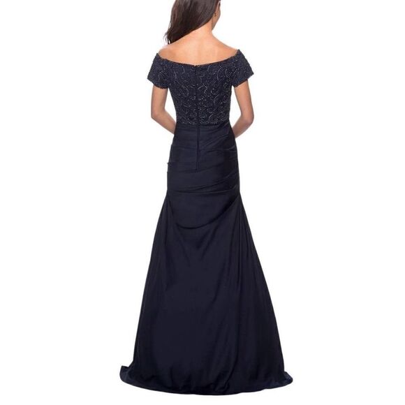 La Femme 25996 Navy Off the Shoulder Beaded Satin Trumpet Formal NWT Sz10 $599 - Picture 4 of 6